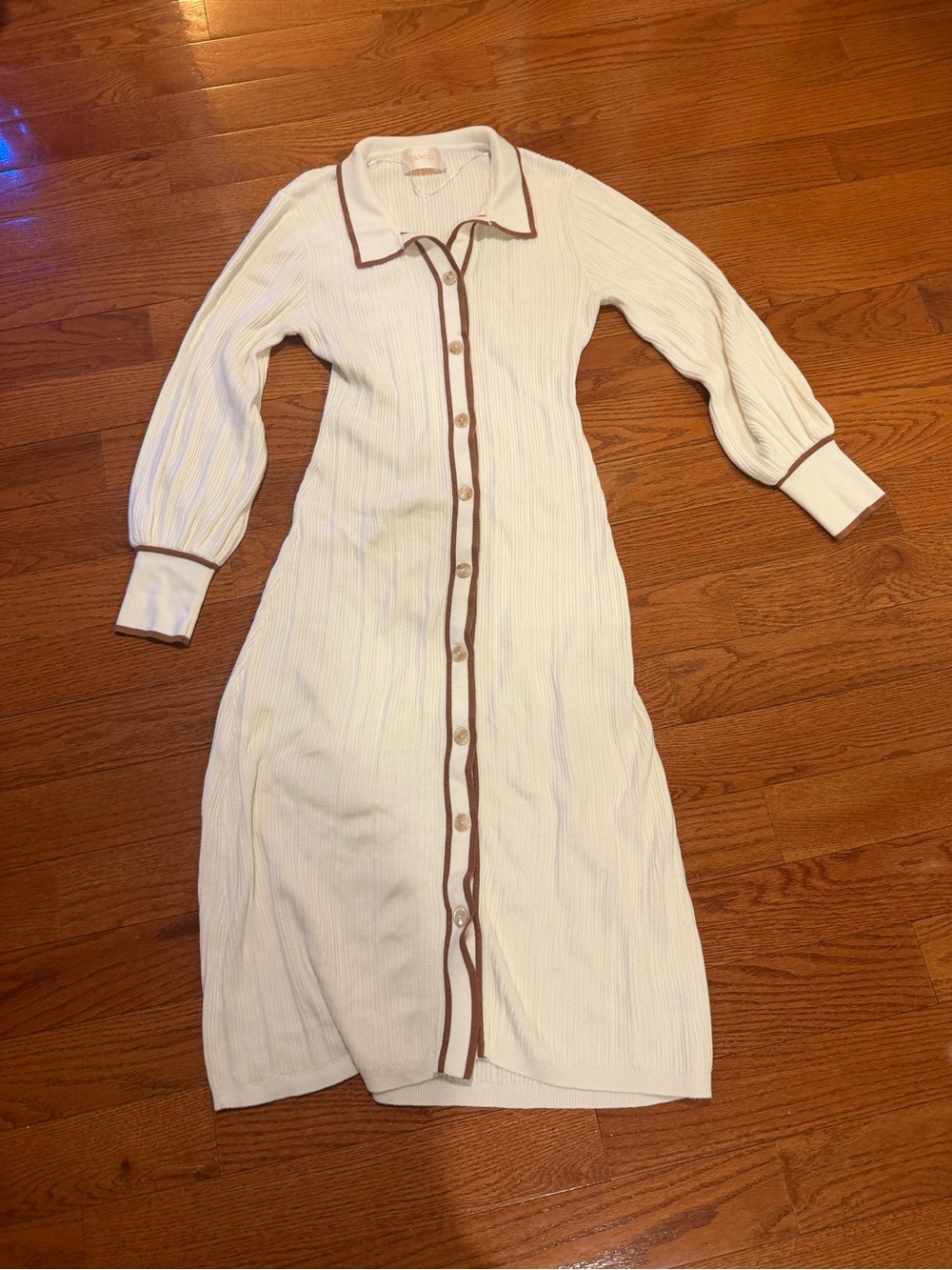 Sancia Women's Cream Button-Front Knit Dress with Brown Trim size large